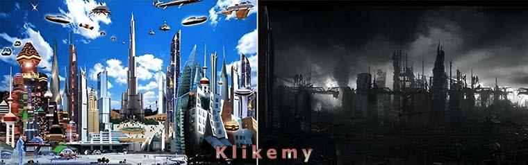 Po lewej: ludzie wyobrażający sobie przyszłość w latach 90-tych